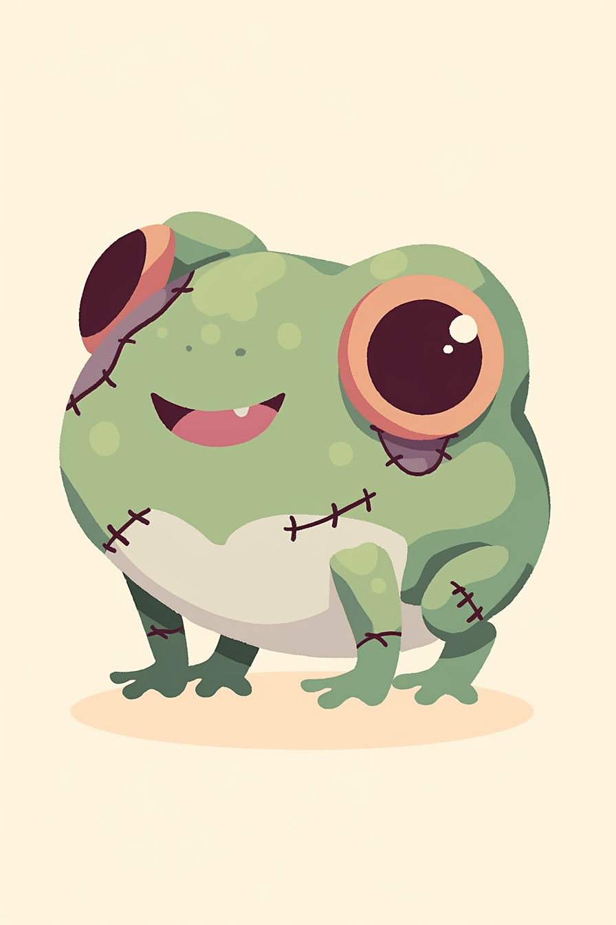 halloween frog drawing ideas 2 featuring a cute zombie frog with stitches and big eyes, perfect for a playful Halloween theme.